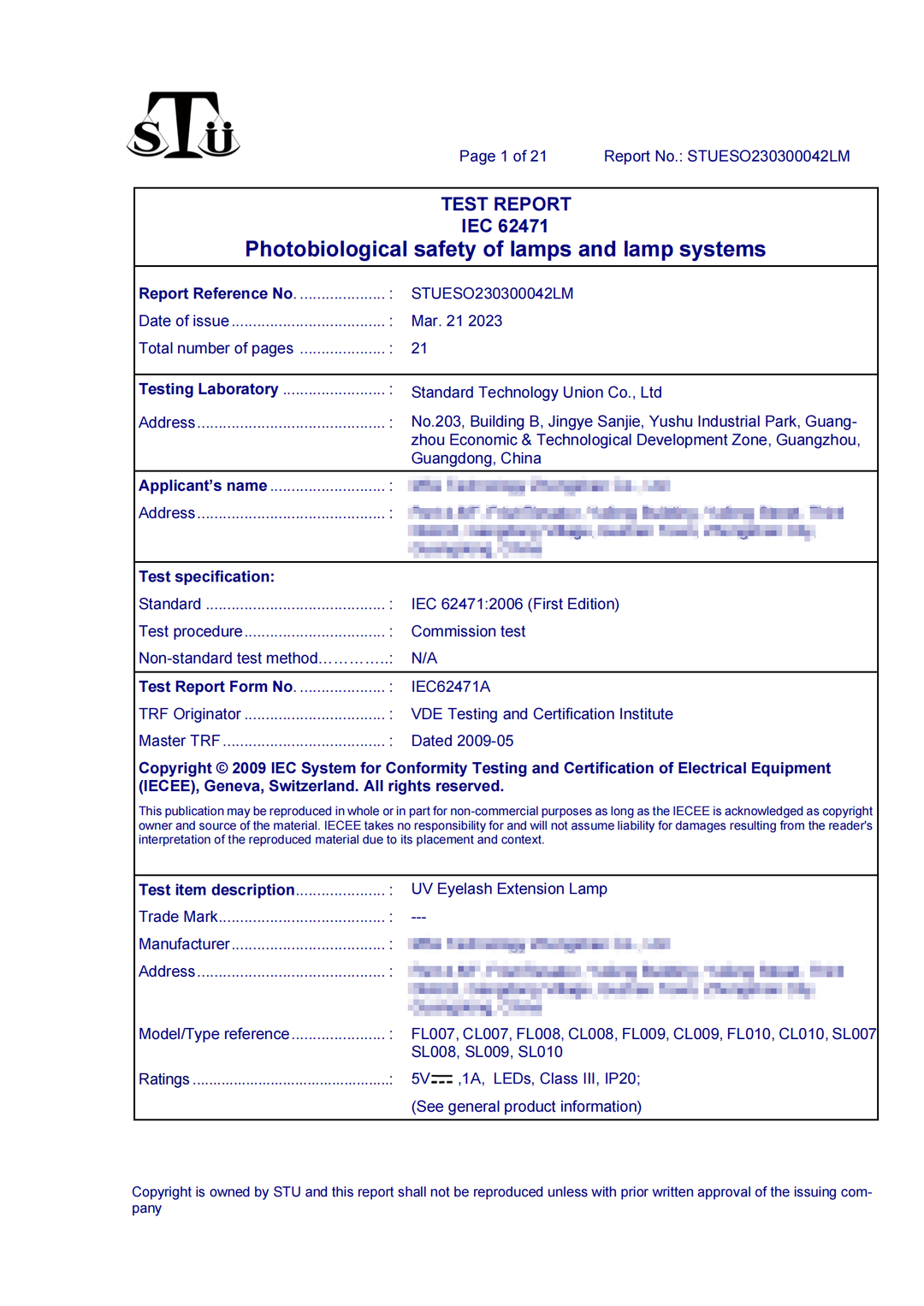 UV Lash Lamp Model I - Photobiological Safe